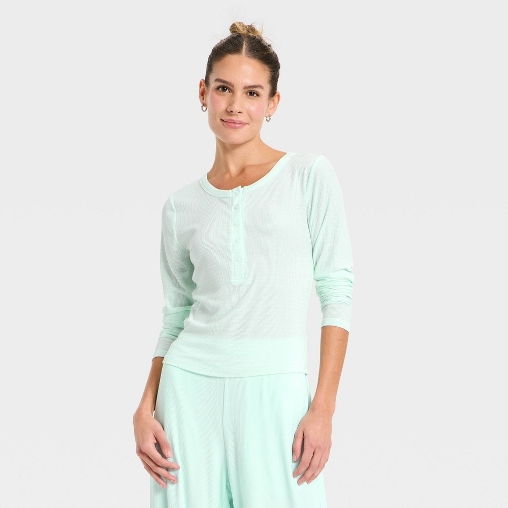 Women's Modal Ribbed Henley Long Sleeve Top - All In Motion Mint Green M